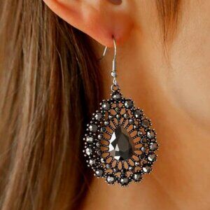 Glittery Hematite Rhinestone Teardrop Earrings